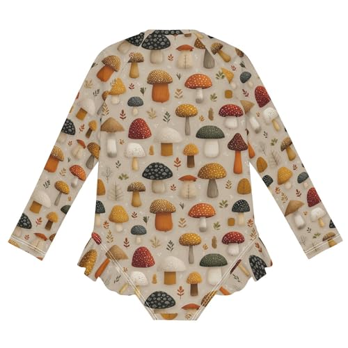 Girls Swimsuit Cute Mushrooms Leaves Long Sleeve One Piece Bathing Suit for Kids UPF 50+ Rash Guard Swimwear 3-122