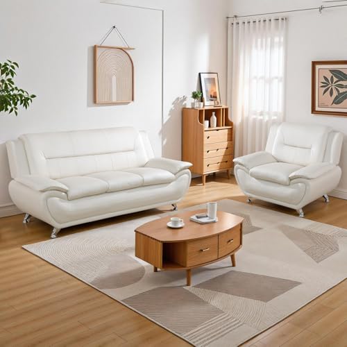 SIENWIEY Modern Sofa and Chair Set, White Faux Leather 3 Seater Sofa and Single Chair Button Tufted Seat Cushion Sectional Couches Living Room Furniture Sets 2 Pieces，Creamy White