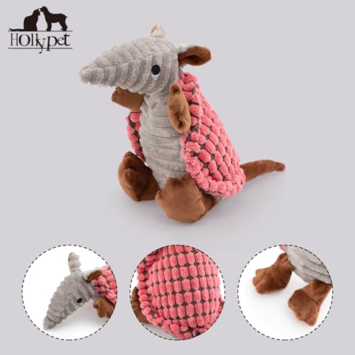 Image of Hollypet Plush Dog Squeaky Toy Stuffed Armadillo Animal Pet Puppy Chew Toys with Clean Teeth for Small Medium Large All Breed Sizes Dogs, Bright Pink,8 in