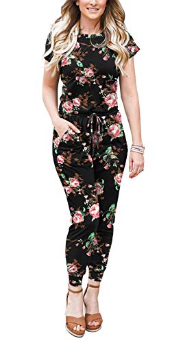 Doubcq Womens Casual Short Sleeve Jumpsuits Elastic Waist Jumpsuit With Pockets(Flower Rose Black,Large) #TOP1