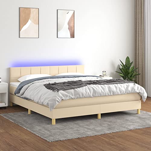 LAPOOH Cama Box Spring con colchón y LED Tela Crema 180x200 cm, Base De Cama, Estructura Cama, Marco De Cama, Bed Frame, Cama Dormitorio - 3133738