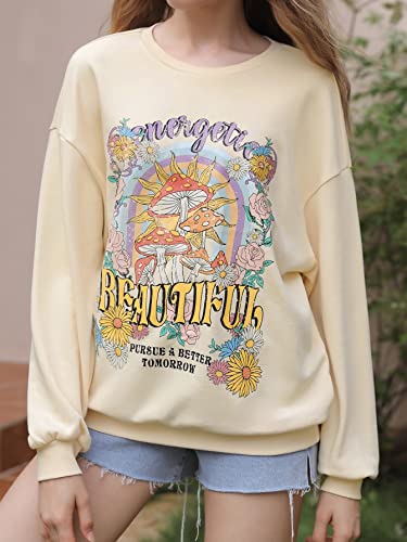 Sweatyrocks Women's Casual Sweatshirt Long Sleeve Graphic Print Pullover Tops Beige Mushroom S #TOP22