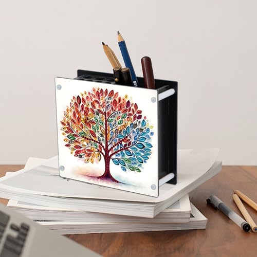 Image of DIY 5D Acrylic Diamond Painting Pen Holder - Tree of Life Pencil Organizer for Nature & Earthy Decor, Decorative Office Supplies Storage for Home, School, Gift