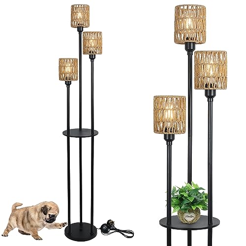 Rayofly Rattan Stehlampe Wohnzimmer, Boho mit Regal, 3-flammige Vintage Stehleuchte Lampenschirm & Fußschalter, Industrial für Schlafzimmer Kinderzimmer Büro, Höhe 168cm Rayofly Rattan Stehlampe Wohnzimmer, Boho mit Regal, 3-flammige Vintage Stehleuchte Lampenschirm & Fußschalter, Industrial für Schlafzimmer Kinderzimmer Büro, Höhe 168cm