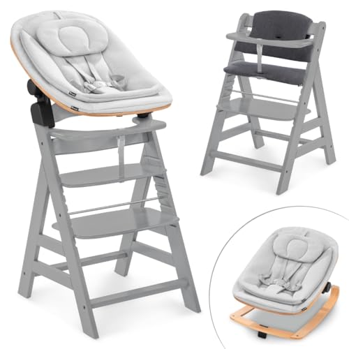 hauck Hochstuhl Alpha+ Newborn Set Eco Bouncer - mitwachsender Holz Babyhochstuhl ab Geburt, inkl. Neugeborenenaufsatz & Sitzpolster - Grau