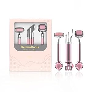 Natural Rose Quartz Facial Roller Set – Skincare Tools Beauty Kit with Gua Sha, Derma Roller & Microdermabrasion Wand & Acupuncture Pen – Luxury Valentine’s Day Gift Box for Women