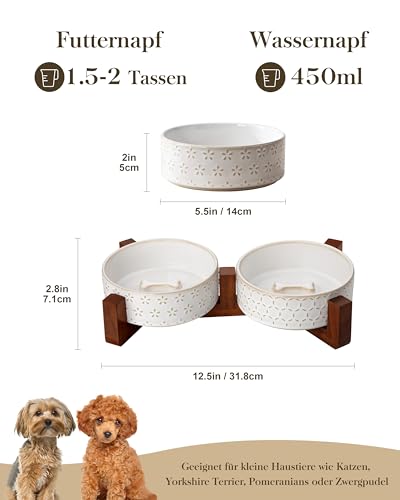 MALACASA Hundenapf Keramik mit Walnussholz-Ständer, 450ml Doppelschalen für Hunde & Katzen, für Futter und Wasser, Rutschfester Stand, Fünfblatt-Klee & Wabenmuster