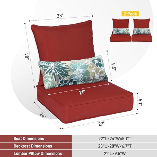 Aoodor 22'' x 24'' Outdoor Deep Seat Chair Cushion Set?Olefin Fabric Slipcover and Sponge Foam- Red (Set of 2 Seats, 2 Backs, 2 Lumbar Pillows