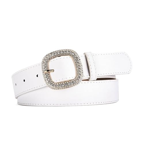COTIM COYIN Womens Leather Belt with Rhinestone Buckle for Pants Jeans Dresses, White