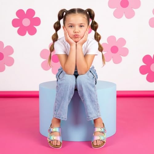 Image of CUSHIONAIRE Lily Girl Toddler Sandals with Adjustable Gold Tone Star Buckles and Cushioned Cork Footbed Slip On Girls Slides for Kids