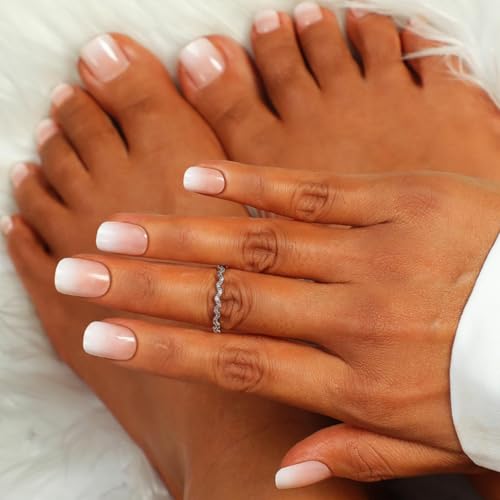 Image of 48 Pcs Ombre Press on Nails & Press on Toenails Set Short Square False Nail Glossy Full Cover Fake Nails Pink White Glue on Nail Artificial Acrylic Stick on Toe Nail for Women Summer Manicure