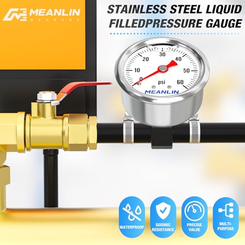 Image of MEANLIN MEASURE 0-60Psi Stainless Steel Glycerin Filled Pressure Gauge 1 /8 inch NPT 1.5 inch FACE DIAL, with 1 /2 inch Barb Aluminum Fitting Adapter Liquid Filled Pressure Gauge (9Pieces Kit, Back Mount)