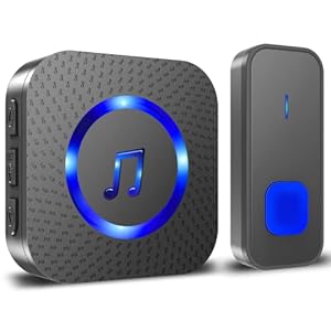 sonnette sans fil, 400m sonnette de porte ip55 Étanche carillon electronique, kit de carillon avec récepteurs enfichables pour la maison, 55 mélodies au 5 niveaux volumes, led bleu noir