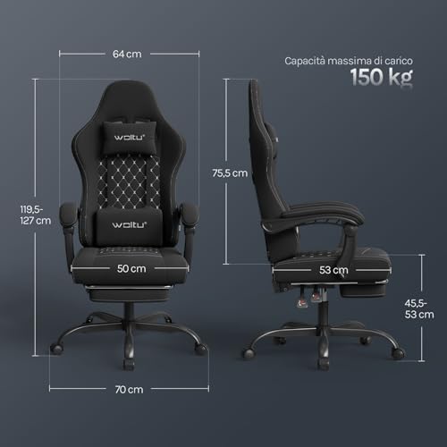 Sedia Gaming con Massaggio, Sedia da Ufficio Ergonomica Girevole Ampia Imbottita per Computer con Cuscino Lombare Massaggiante, Carico 150 Kg, Tessuto a rete, Nero+Bianco - Sedia gaming - Immagine 2