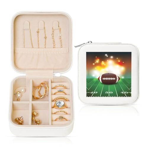 Boîte à bijoux carrée blanche en cuir – Ballon de football américain portable sur herbe – Rangement imprimé sport pour femme, cadeau idéal pour geburtstag et Saint-Valentin