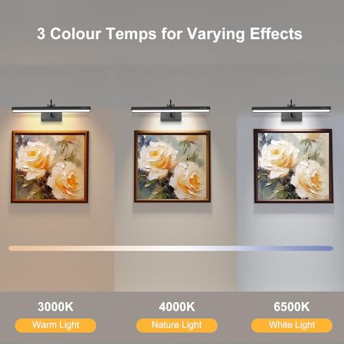 Image of GOVSSING Picture Light, Auto ON /Off Picture Lights for Wall, Hardwired Connection, 16.7 inchMetal Art Light with Remote, Dimmable&3 Color Temps, Rotatable Gallery Light with Indicator, 9W, CRI90+ (Black)