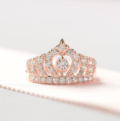 LVSHI Women Crown Rings Princess Queen 18K Gold Plated Tiara Ring Tiny CZ Gift Girl Eternity Heart-Shaped Promise Ring Zircon Jewelry (Size 10)