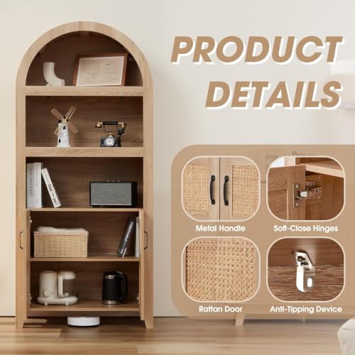 HABUTWAY 71'' Arched Storage Cabinet with Door, Tall Bookshelf with Adjustable Shelf, Modern Farmhouse Wooden Bookcase Kitchen Pantry Cabinet for Living Room, Natural (Natural Rattan) — view 5