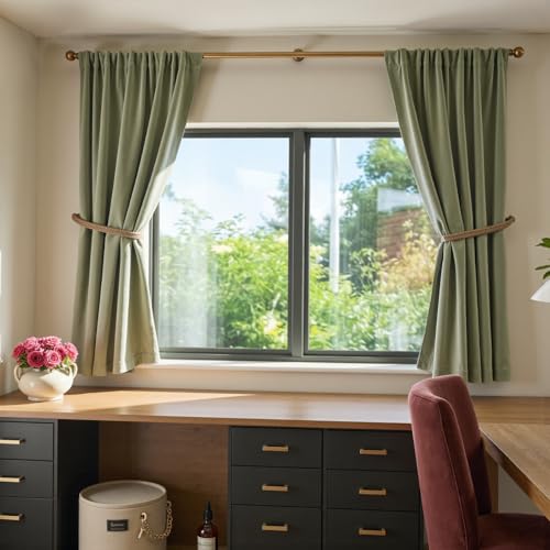 Image of Blackout Olive Sage Velvet Curtains Rod Pocket 52x63 Inch 2 Panels | Soft Velvet, Light Filtering, For Small Windows, Kitchens & Bathrooms, Light Shifting Texture, Elegant Drape, Serene