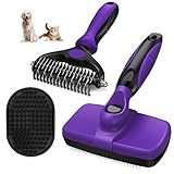 Augwind 3PCS Self Cleaning Slicker Brush & Pet Grooming Rake & Bath Brush for Dogs,Cats and Horses | Double-Sided Dematting Comb & Skin Friendly Deshedding Grooming Tool | Pet Supplies (Purple)