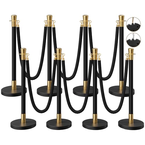 Image of 8 Pack Black&Gold Stanchions and Velvet Ropes Set, Stainless Steel Crowd Control Barriers, 6Pcs Black Ropes and Poles for Party Supplies,Photobooth Accessories, Prom,Birthday,Business,Wedding, Museums