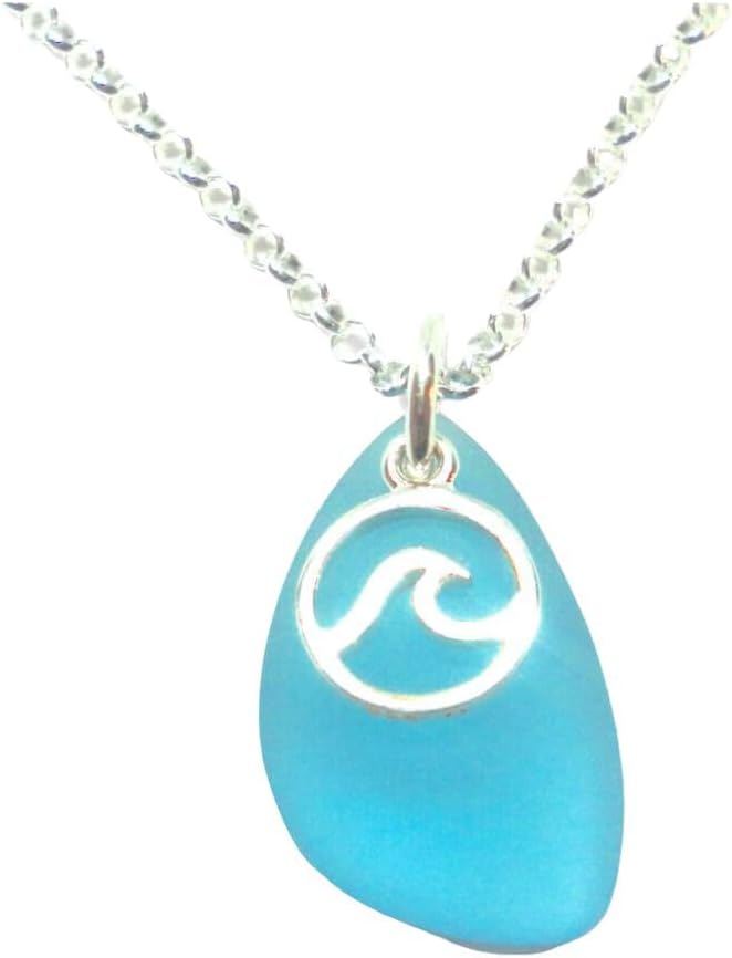 Sea Glass Necklace with Wave Charm-Wave Sea Glass Jewelry-Sea Glass Gift for Women-Small Wave Charm with Blue Sea Beach Glass Piece-Sterling Silver -Beach Jewelry