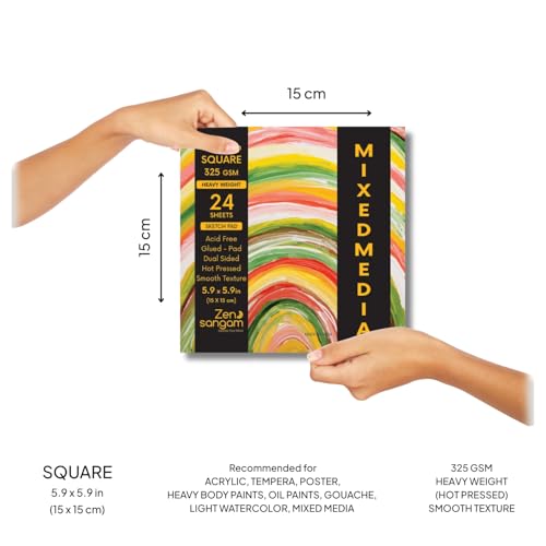 Image of Zen Sangam Artists' Square Heavy Weight Mixed Media Glued Sketch Paper Pad - 325GSM, Hot Pressed - 24 Sheets - Smooth Texture Surface (15x15cm) For Heavy-body Paints,Calligraphy and BrushPen Lettering