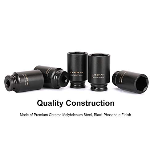 Casoman 1/2- Inch Drive Deep Spindle Axle Nut Impact Socket Set, 6-Piece 1/2" Dr. Deep Impact Socket Set,6 Point, Cr-Mo, Metric, Impact Grade, 30Mm, 32Mm, 33Mm, 34Mm, 35Mm, 36Mm #TOP5