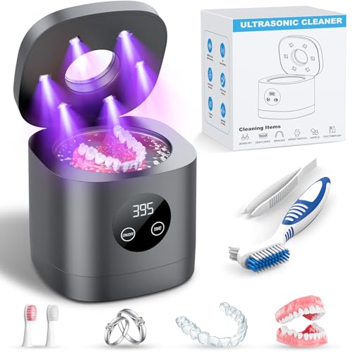 TEBAL Ultrasonic Retainer Cleaner Machine, 52kHz Ultrasonic Denture Cleaner for Mouth Guards, Braces, Toothbrush Heads, Jewelry, Dental Ultrasonic Cleaner with 250ML Capacity & Cleaning Brush, Black