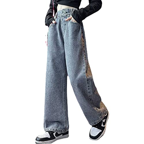 Fashion Kids Girls Ripped Distressed Washed Baggy Wide Leg Jeans Casual Denim Pants Size 5-14 Years