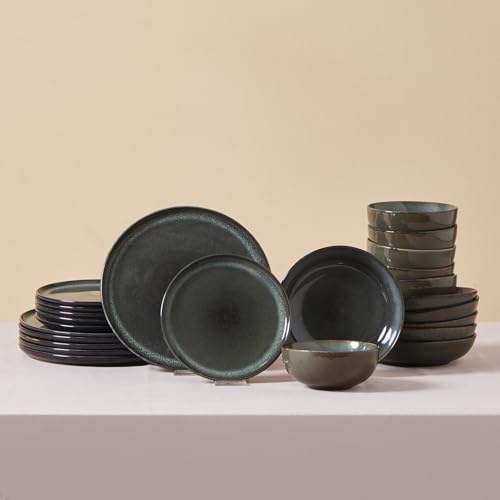Karaca Fein 24 Piece Reactive Glaze Dinner Set for 6 People, Modern Design with Unique Handcrafted Patterns, Durable Kitchen Plates and Bowls Sets, Stoneware Dinnerware & Dishwasher Safe by KARACA - Used condition - US$50.68