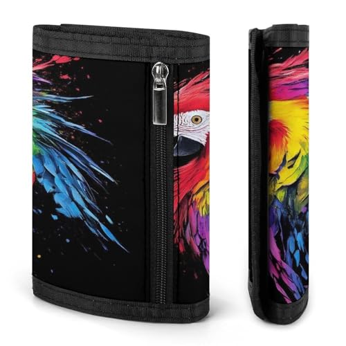 Fashion Slim Beautiful Parrot Splash Ink Art Trifold Wallet, Wallet with Front Pocket Zipper And Key Chain, Wallets for Travel Outdoor3
