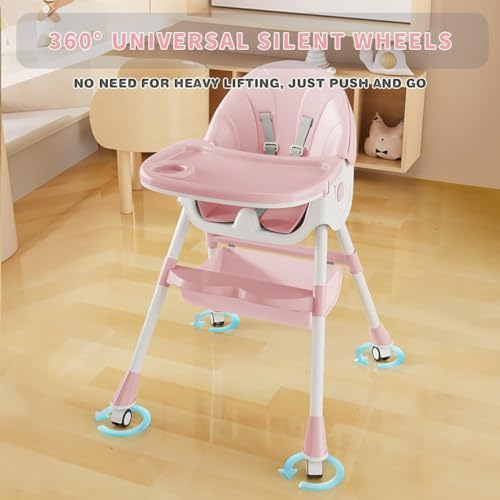 Image of High Chairs for Babies and Toddlers, 4 in 1 Convertible Baby High Chair, Portable High Chair for Travel with Adjustable Height and Back, Foldable HighChair with Wheels& Pu Cushion