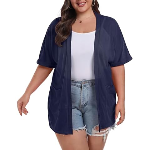 OLRIK Summer Cardigan for Women Dressy Navy Blue Cardigan Sweaters Plus Size Loose Fit Beach Cover-up Navy Blue-3X Cover