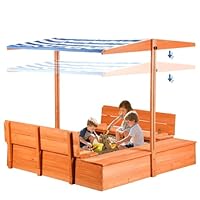 Kids Wooden Outdoor Sandbox with Cover，Sand Boxes with Canopy and Foldable Storage Bench Seats, Sand Table with Protection Bottom Liner,Kids Play Equipment for Outdoor(47X47Inch)