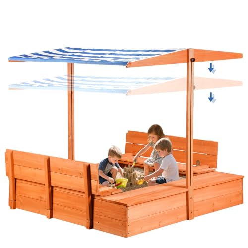 Kids Wooden Outdoor Sandbox with Coverï¼ŒSand Boxes with Canopy and Foldable Storage Bench Seats, Sand Table with Protection Bottom Liner,Kids Play Equipment for Outdoor(47X47Inch)