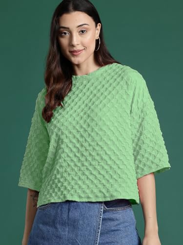 Image of Zilcon Womens Round Neck Drop Shoulder Crop top for Woman Half Sleeve Tops for Woman Stylish Western Bricks Wool Casual Crop Tops