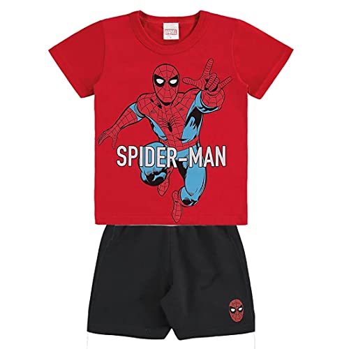 Conjunto Camiseta em Meia Malha Penteada e Bermuda em Malha Fleece Homem-Aranha