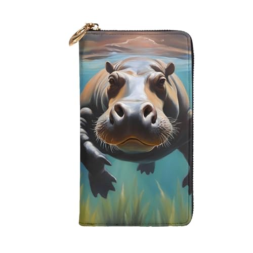 Diving Hippo Prints Leather Long Clutch Wallet for Fashionable Girls and Women - Durable, Stylish, and Functional, Black, One Size2