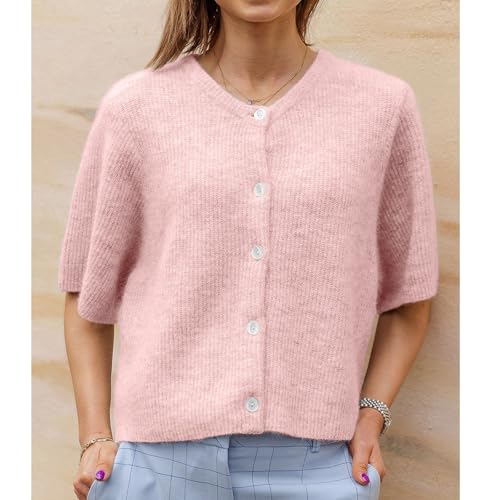 Image of Women Y2K Knit Cardigan Short Sleeve Crewneck Solid Color Button Down Tops Casual Going Out Sweater Streetwear