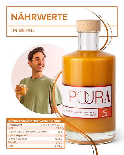 Poura Sanddornsirup 495ml vegan 100% natürlich - Mit Vitamin C für eine normale Funktion des Immunsystems, Sirup mit 26% Sanddorn-Saft, Mit Ingwer, Maca, Wacholder & Acerola