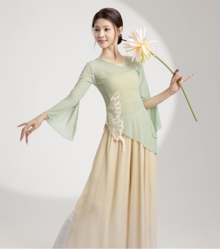HEARTTOUCH Women Dance Tops Ballet Wrap Top Chinese Traditional Sheer Mesh Blouse Ruffle Sleeve Shirts Slim Fit Tops