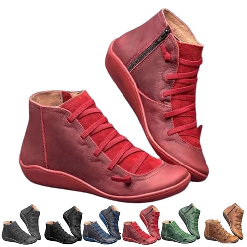 Red Womens Ankle Boots for Women Low Heel 2026 Arch Support Lace Up