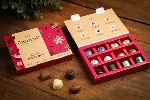 Image of Cocoacraft Magic Box 12 pcs | Handmade White, Milk & Dark Chocolate Pralines with Cranberry, Coffee, Almond, Orange & Caramel | Premium Gift Hamper for Wedding, Birthday & Corporate Gifting