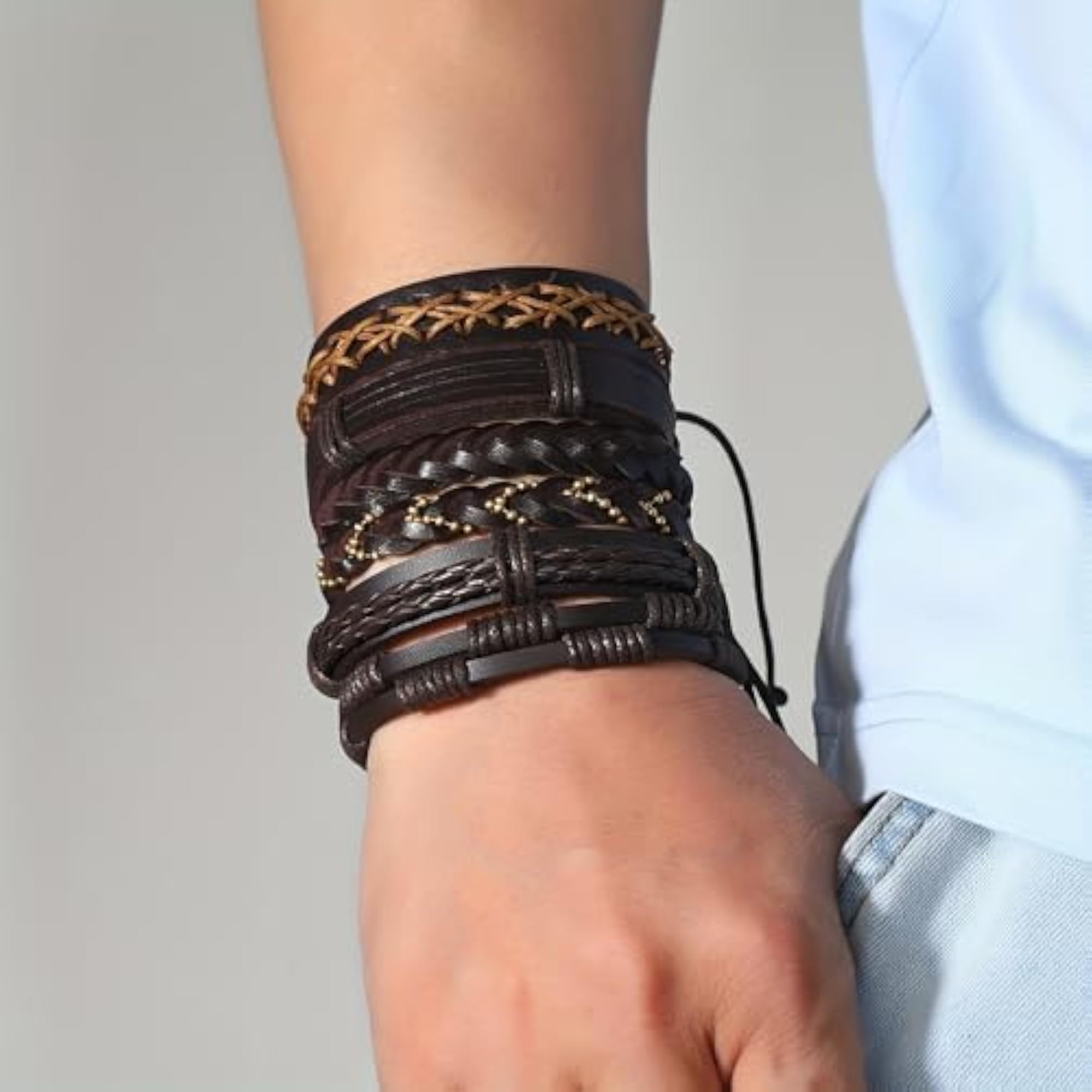 Multilayered Stackable Leather Bracelet for Men
