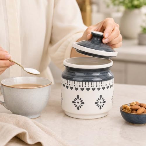 Image of The Earth Store Grey Drape Pickle Jar Set of 1 - 600ML Ceramic Jar for Kitchen Storage | Microwave & Dishwasher Safe Achar Container | Pickle, Salt & Spice Storage Jar | Barni Jar