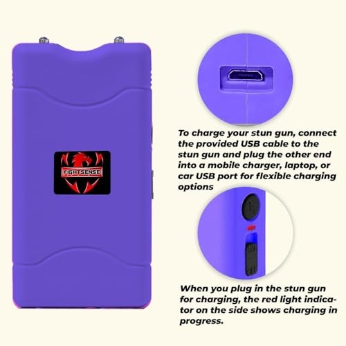 FIGHTSENSE Super Heavy Duty 35 Billion Mini Stun Gun for Self Defense with Bright Led Flashlight, Rechargeable Battery, Nylon Holsters with Belt Loop for Easy Cary (Purple)
