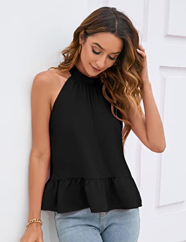 Clearflower Womens Halter Tank Tops Ruffle Hem Summer High Neck Pleated Sleeveless Cami Shirts Tops B-04-Black Xl #TOP2