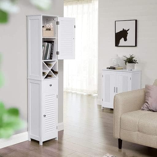 VASAGLE Floor Cabinet, Bathroom Tall Cabinet with Shutter Doors, Drawer, and Removable X-Shaped Stand, 32 x 30 x 170 cm, Scandinavian Style, White BBC69WT