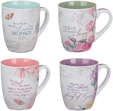 Christian Art Gifts Ceramic Coffee/Tea Mug Set for Women | Vintage Botanic Floral Inspirations Design Bible Verse Mug Set | Boxed Set/4 Coffee Cups